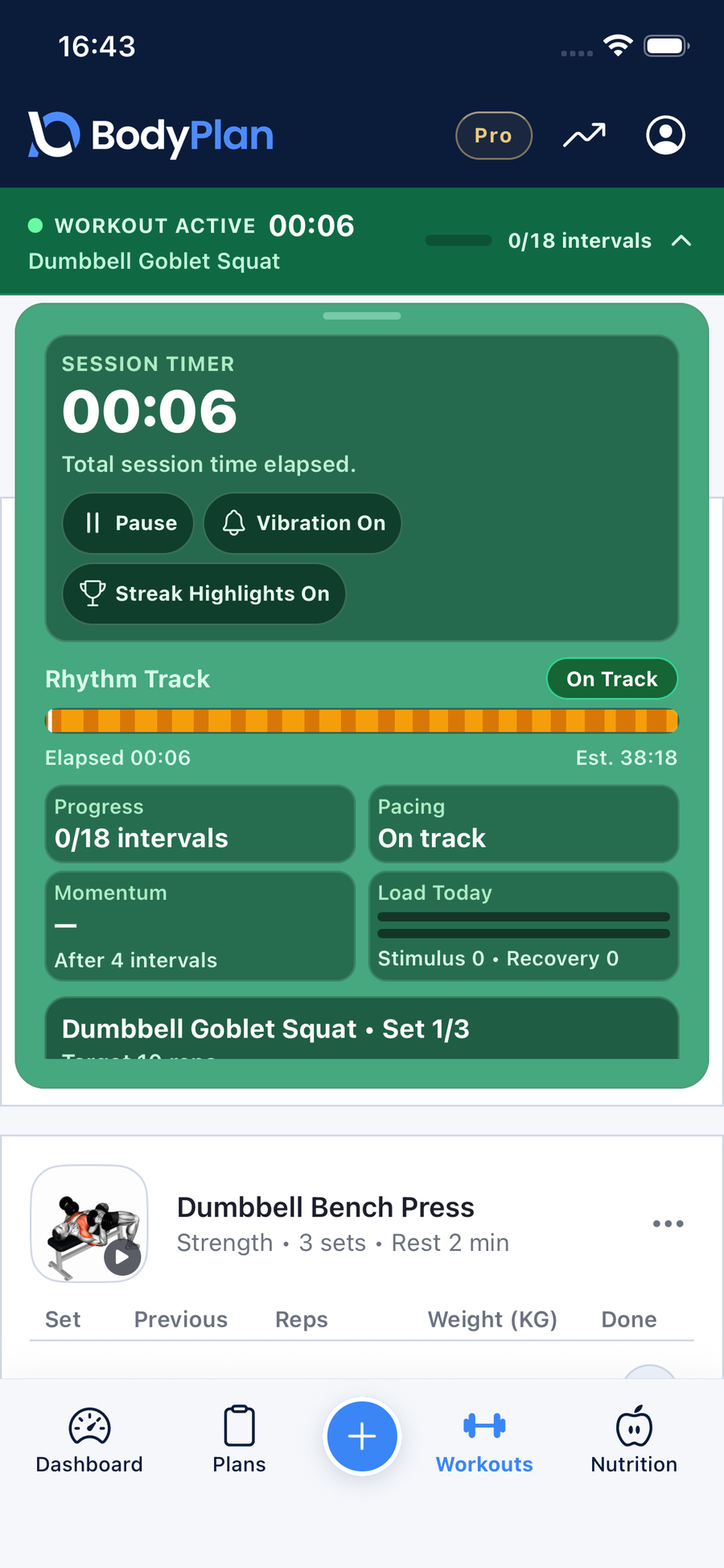 A guided BodyPlan workout session with sets and a rest timer